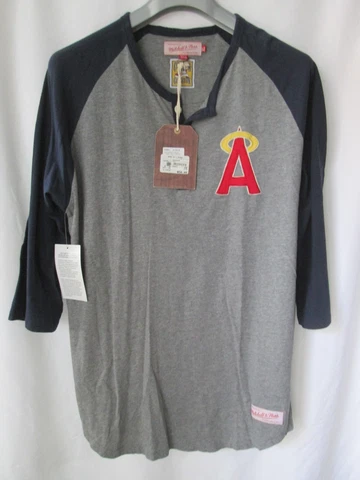 NWT Men's MITCHELL & NESS MLB Gray CALIFORNIA ANGELS 3/4 Sleeve Henley Shirt XL Cover
