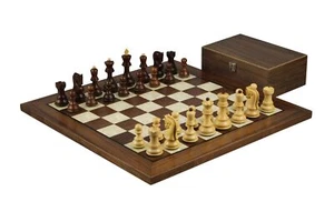 Walnut Chess Set 20 Inch With Helena Mother of Pearl Flat Chess Board and Weight - Picture 1 of 10