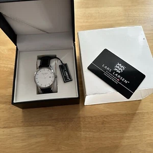Lars Larsen Watch Mens Date White Dial & Black Leather Strap Genuine & Boxed - Picture 1 of 8