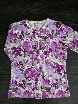 Suéter para mujer Garnet Hill XS lana merino floral manga 3/4 púrpura con botones Foto 1 de 4