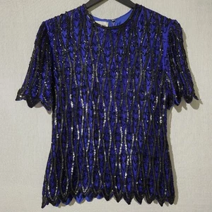 Vintage Stenay 80er Jahre königsblau Seide, schwarz Perlen ausgefallene Bluse Damengröße Small - Bild 1 von 8