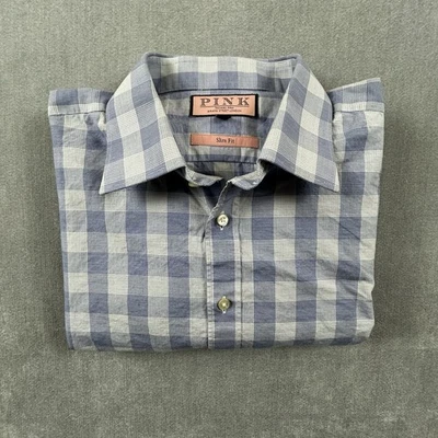 Camisa de vestir Thomas rosa ajustada para hombre 17,5 manga larga abotonada cuadros azules Foto 1 de 4