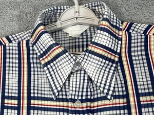 True VTG JCPenney Shirt Men Large Blue White Plaid SS Dagger Collar Thin 60s 70s - Picture 1 of 15