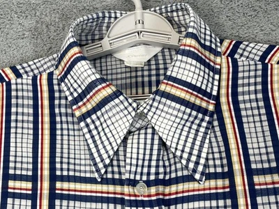 True VTG JCPenney Shirt Men Large Blue White Plaid SS Dagger Collar Thin 60s 70s - Image 1 of 4