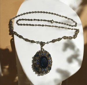 Vintage filigrane Halskette mit Anhänger signiert West Germany klar blau Strass - Bild 1 von 11