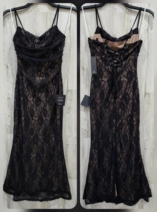 Abito midi LULUS nero foderato in pizzo scollo arricciato stringato tromba taglia SMALL**NUOVO** - Foto 1 di 9