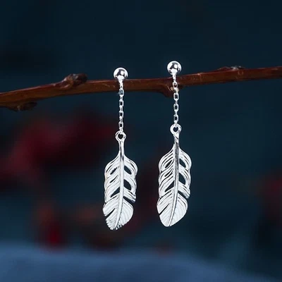 Solid 925 Sterling Silver Feather Drop Dangle Stud Earrings Classic Gift - Image 1 of 4
