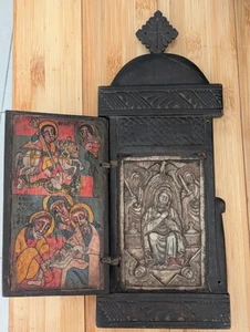 Antigua madera ortodoxa etíope tallada/pintada a mano, piedra blanca icono bíblico - Imagen 1 de 7