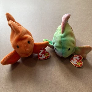 Lot Of 2 Ty Beanie Babies Goldie Goldfish And Coral Rainbow Fish Retired - Picture 1 of 10