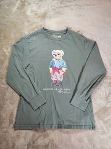Polo Ralph Lauren Shirts Boys Medium (10-12) Green Polo Bear Long Sleeve Aviator - Picture 1 of 14