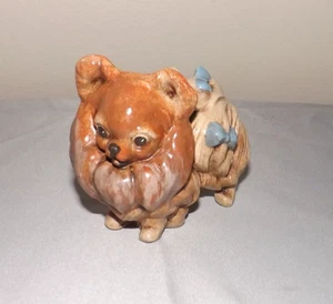 Pomeranian Dog Puppy Small Figurine Vintage Blue Bows 3 Inches Tall - Picture 1 of 6