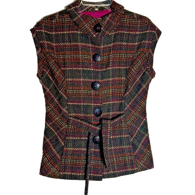 Chaleco Cabi Mujer Mediano Marrón Rosa Mezcla de Lana a Cuadros Chaqueta con Cinturón Abotonada Foto 1 de 4