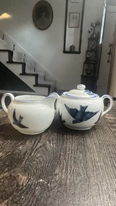 Antiker blauer Vogel China Victoria Tschechoslowakei Zucker & Milchkännchen - Bild 1 von 10