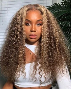 Human Hair Wig Kinky Curly Highlight Blonde Brown Lace Front Wig T Part 14" 13x1 - Picture 1 of 9