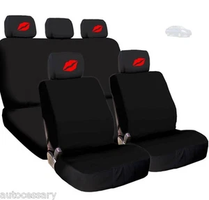 For Nissan New 4X Red Lips Logo Headrest And Black Fabric Seat Covers  - Picture 1 of 10