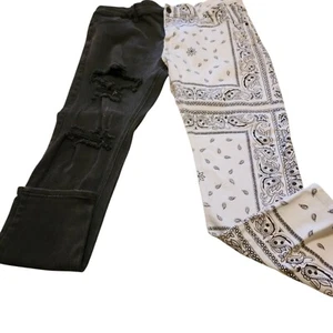Mens NovaMen Jeans 42 W 39 L Black and White Paisley Distressed on One Leg - Picture 1 of 12