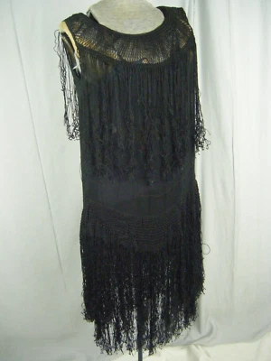 ANTIQUE 1920s Black Sheer Chiffon Crochet Piano Shawl Fringes Dress-Bust 36/XS-S - Image 1 of 4