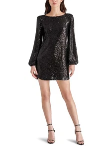 Steve Madden Delorean Sequined Mini Dress Women's XL Black Boat Neck Long Sleeve - Picture 1 of 16