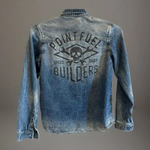 VTG H&M Denim Shirt Jacket “Point Fuel Builders” Graphic, Size US 14Y+ Woman Sm - Picture 1 of 8