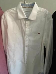 NAPAPIJRI Men's White Embroidered LOGO Long Sleeve Button Up Shirt Size XL $120