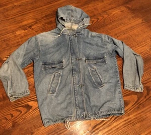 Vintage 80s 90s Andy Johns Worn Wash Denim Jacket M Long Hooded Coat - Picture 1 of 14