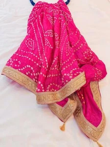 KKSM Taffeta silk Traditional Bandhani Bandhej Tie and Dye Dupatta with Lace - Picture 1 of 8