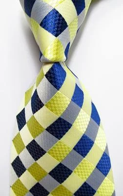New Classic Checks Yellow Blue White JACQUARD WOVEN 100% Silk Men's Tie Necktie - Image 1 of 2