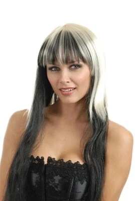 Charades Two Toned Vampira Black & White Long Wig Halloween Cosplay One Size - Image 1 of 4