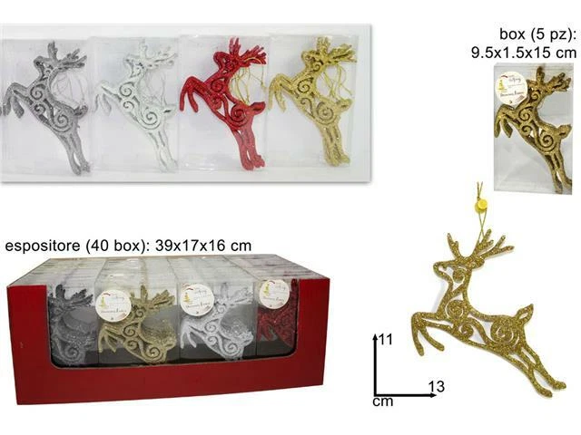 BOX 5 RENNE APPENDINO GLITTER 13XH.11CM DECORAZIONI, ADDOBBI NATALE ASS. 4 COL. - Immagine 1 di 1