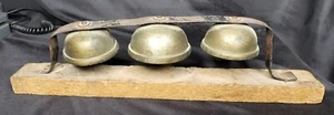 Antique 3 Sleigh Bells Mounted on Metal Strip Carriage Mount Triple Clapper Nice - Picture 1 of 4