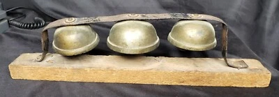 Antique 3 Sleigh Bells Mounted on Metal Strip Carriage Mount Triple Clapper Nice - Image 1 of 4