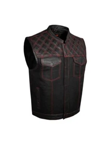 Chaleco club de mezclilla negra y cuero para motocicleta para hombre con cremallera delantera de hilo rojo - Imagen 1 de 5