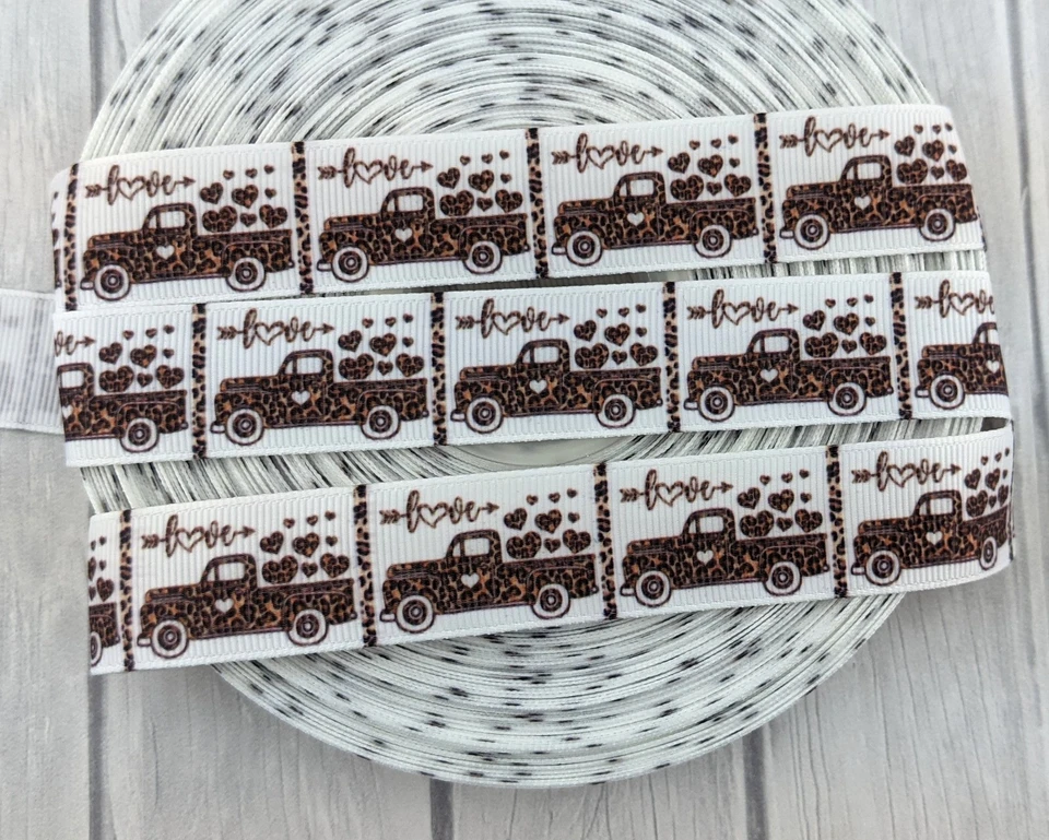 Grosgrain Ribbon 7/8" Printed Love Cheetah Truck Valentine Ribbon - Image 1 of 1