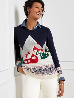 全新 $109 TALBOTS 靛蓝蓝色假日场景袖口圆领毛衣 尺寸 PL — 第 1/4 张图片