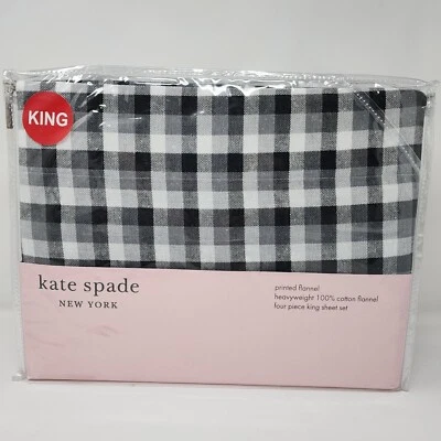 Juego de sábanas de franela Kate Spade King negro blanco 4 piezas ropa de cama de algodón pesado a cuadros Foto 1 de 4