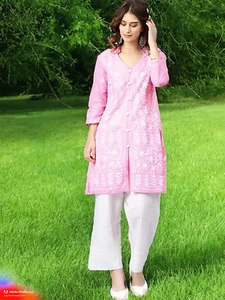 Women Indian Chikankari Cotton Kurti Front Button 3/4 Sleeve Party Tunic Dress - Picture 1 of 45