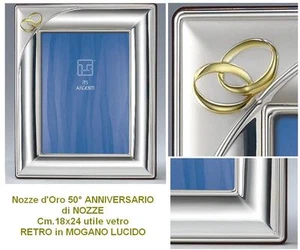 CORNICE NOZZE D'ORO 50° ANNIVERSARIO Cm.13x18 LASTRA in ARGENTO 925% LEGNO 819/3 - Picture 1 of 1