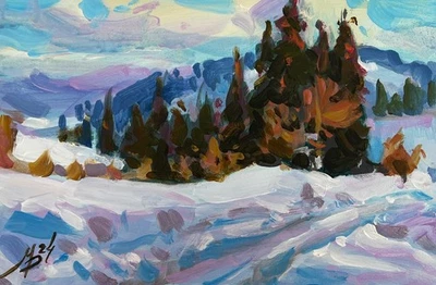 Acrylic Painting Path In The Winter Forest M. Patskan 无框原版 nAAA4811 — 第 1/4 张图片