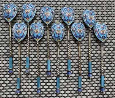 Juego De 10 CUCHARAS ANTIGUAS RUSAS IMPERIALES PLATA 88 ESMALTE CLOISONNE Foto 1 de 4