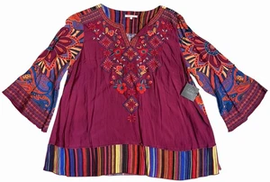 John Mark Plus 1X Embroidered Bell Sleeve Tunic Blouse Boho Artsy NWT $139 - Picture 1 of 12