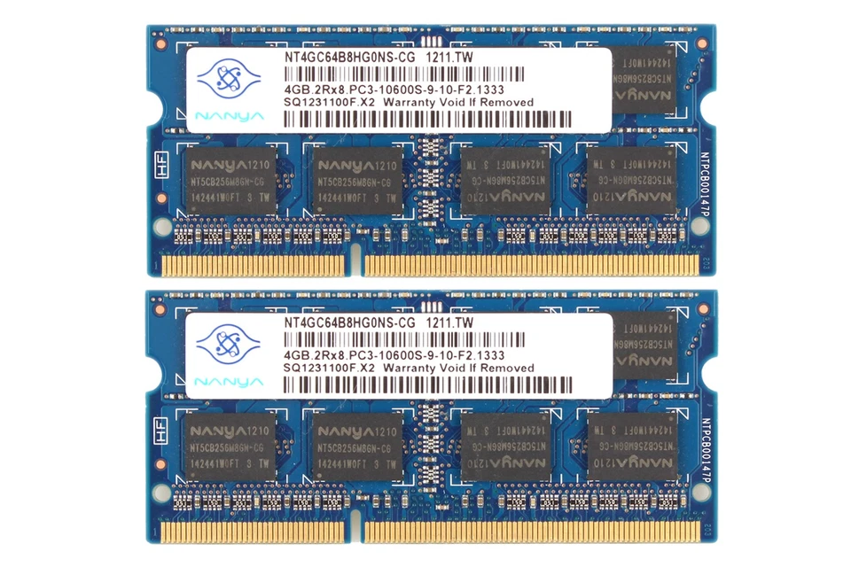 Nanya 2x 4GB 2RX8 PC3-10600S DDR3-1333Mhz 1.5V Laptop Memory SODIMM RAM Intel - Image 1 of 4