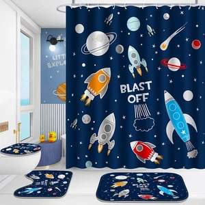 4 Pcs Bathroom Shower Curtain Set,Kid's Bathroom Set,Cosmic Space Shower Curt... - Picture 1 of 7