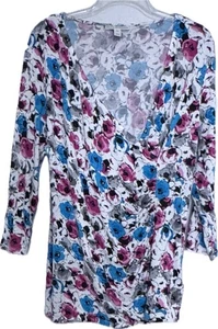 Blusa Dana Buchman Imitación Envoltura Talla XL Cuello en V Mangas 3/4 Floral Colorida - Imagen 1 de 6