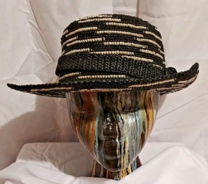 Vintage Black & Cream Panama Fedora Style Packable Sun Belt Buckle Banded Hat - Picture 1 of 16
