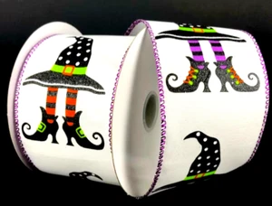 Halloween 2.5" by 5 yds Wired Ribbon Patterned Iridescent Witch Hats Witch Legs - Picture 1 of 4