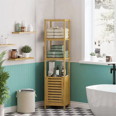 Tall Slim Bamboo Bathroom Cabinet Storage Furniture Toilet Cupboard Laundry Unit