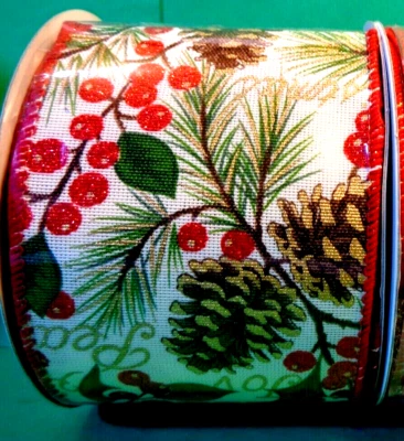 Christmas Red Berries Pinecones 2.5" by 5 yd Wired Ribbon Winter Gold Glittered - Image 1 of 3