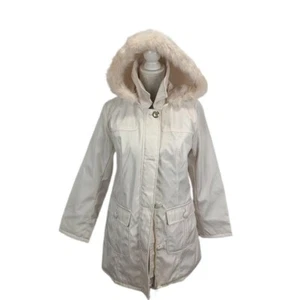 Dennis Basso Cream Coat Faux Fur Hooded NEW Quilted Lining Removable Hood S - Picture 1 of 12