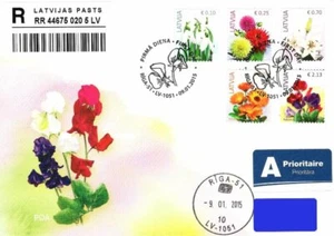 Latvia 2015 (02) Definitive - Flowers - Snowdrop, Dahlia, Lily, Marigold (a.fdc) - Picture 1 of 2
