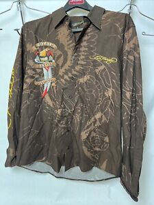 Vintage Ed Hardy Button Down Shirt Mens L Bright Panther Cat MINT